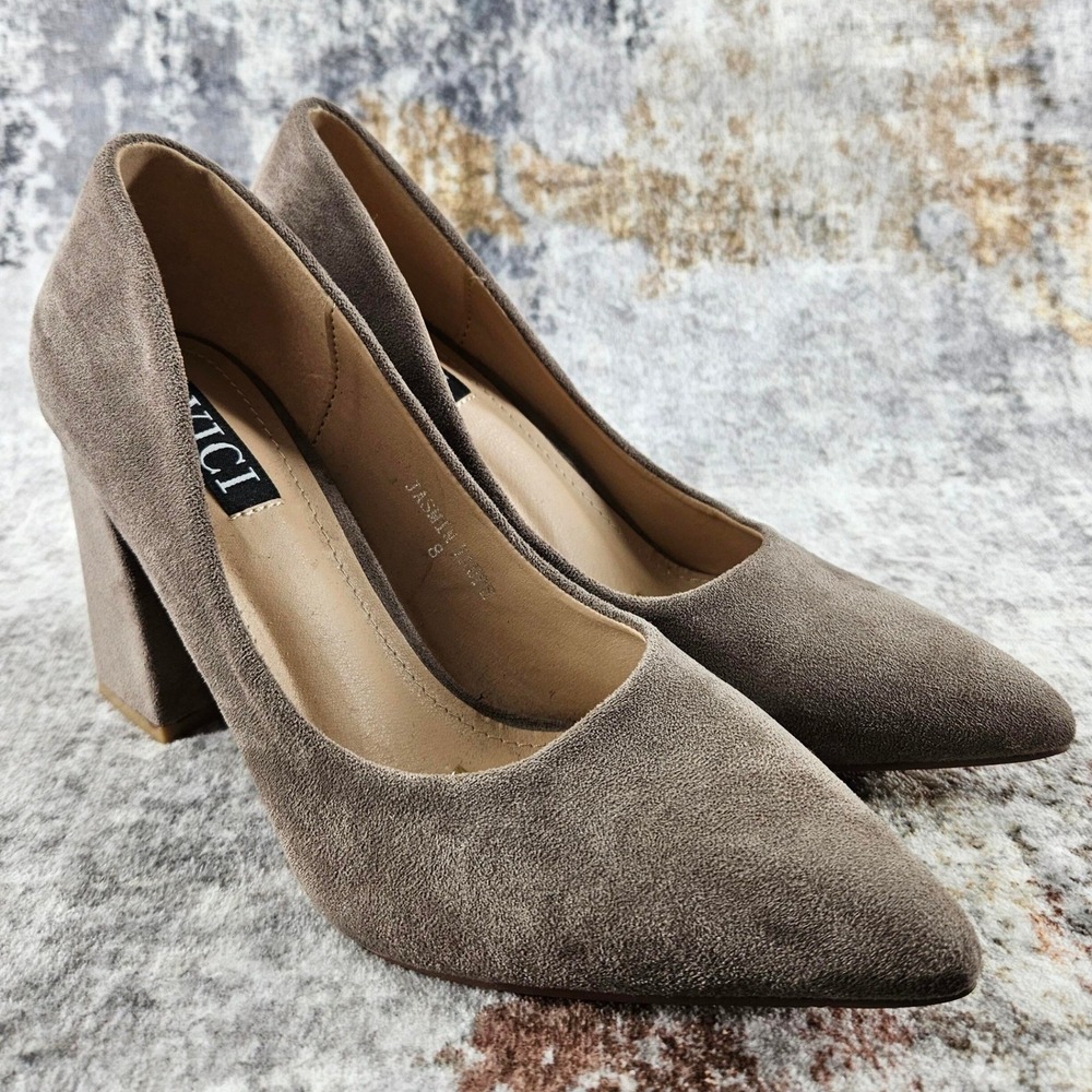 VICI Block Heels Pumps Womens‎ 8 Jasmin Taupe Suede Pointed Toe Faux Suede